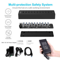 Powered USB Hub, 10 Ports 36W USB 3.0 Data Hub with 12V/3A Power Adapter for Computer