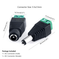 DC Power adapter - 2.1mm Jack/Plug to screw terminal block Male-Female Pair