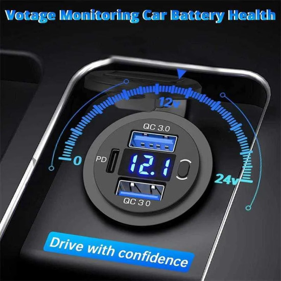 Triple Car Charger Socket USB Outlets PD & 18W QC3.0 with Button Switch Digital LED Voltmeter 12V/24V Triple Car Charger Socket USB Outlets PD & 18W QC3.0 with Button Switch Digital LED Voltmeter 12V/24V