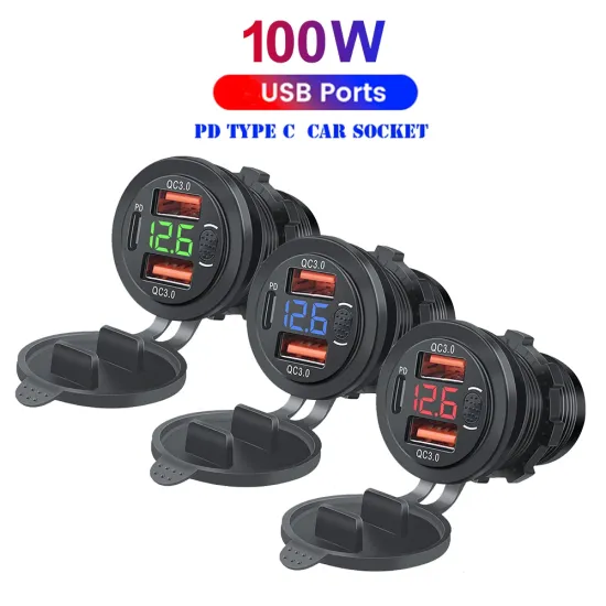 Triple Car Charger Socket USB Outlets PD & 18W QC3.0 with Button Switch Digital LED Voltmeter 12V/24V Triple Car Charger Socket USB Outlets PD & 18W QC3.0 with Button Switch Digital LED Voltmeter 12V/24V