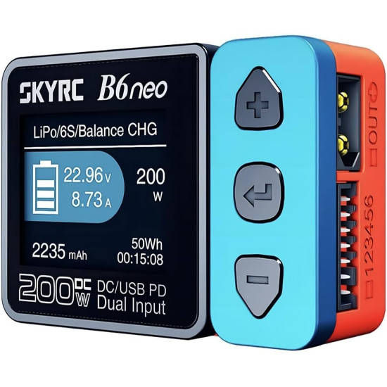 SKYRC B6Neo: Balance Lipo Battery Charger for 1S-6S Lipo/Li-Ion/LiHV, 1-15S NiMH/NiCd - DC 200W, PD 80W, Smart Battery Charger, Discharger and Storage (Blue-Red) TYPE C SKYRC B6Neo: Balance Lipo Battery Charger for 1S-6S Lipo/Li-Ion/LiHV, 1-15S NiMH/NiCd - DC 200W, PD 80W, Smart Battery Charger, Discharger and Storage (Blue-Red) TYPE C