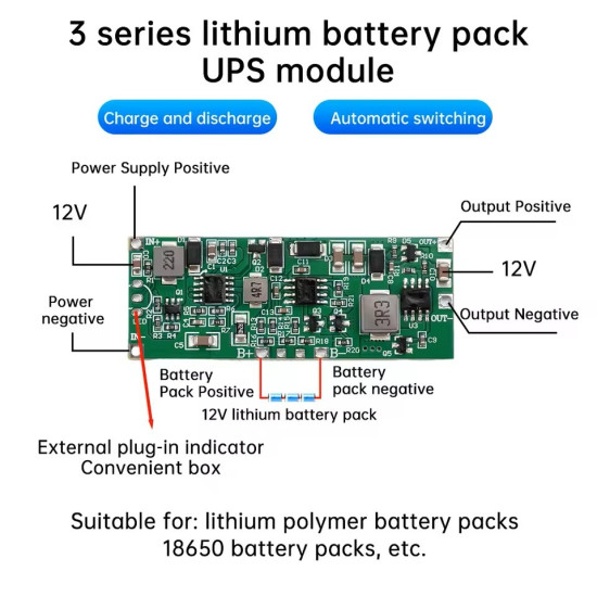 DC 12V 36W 3A Fast Charging/ Discharging Uninterruptible Power Supply - for 3S 18650 Lithium Automatic Switching