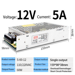 DC 12V 5A 60W Industrial Adjustable SMPS Switching Power Supply