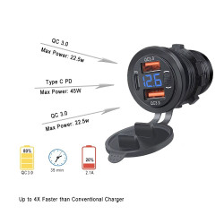 Triple Car Charger Socket USB Outlets PD &amp;amp; 18W QC3.0 with Button Switch Digital LED Voltmeter 12V/24V